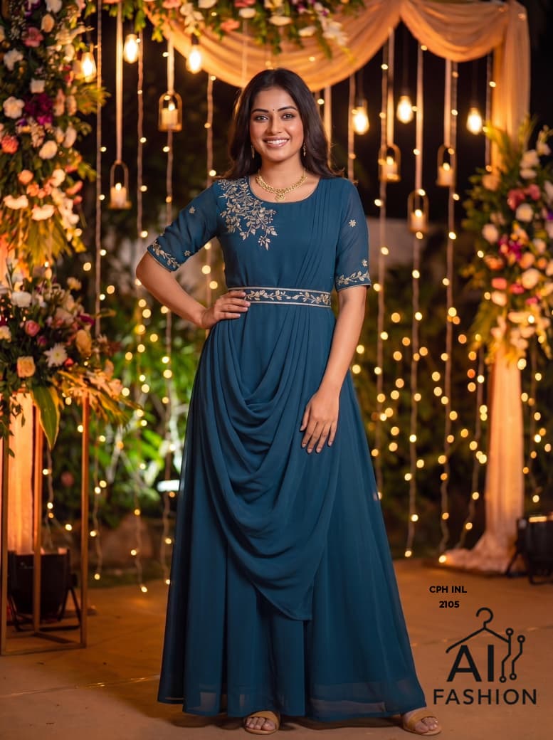Teal Blue Embroidered Anarkali Kurti Set – Teal Blue & Gold